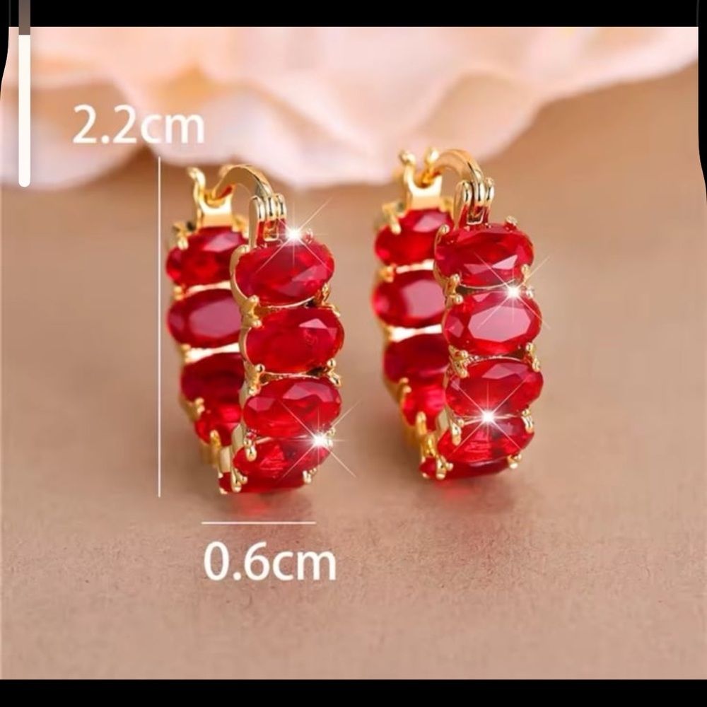 925/18K gold plated ruby oval cut inside out hoop earrings with swarovski #123 - Picture 11 of 13